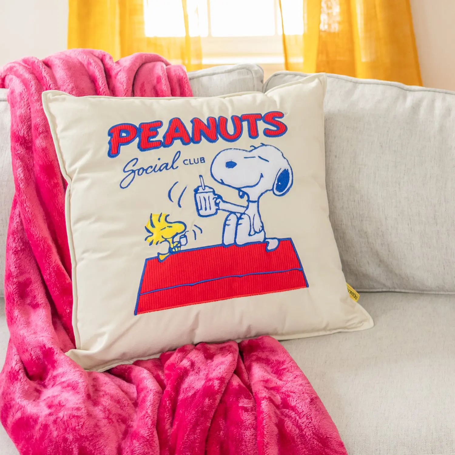 Berkshire Peanuts Social Club Velvet Bolster Pillow,  20" x 20" Pillow with Embroidered Applique Collectible