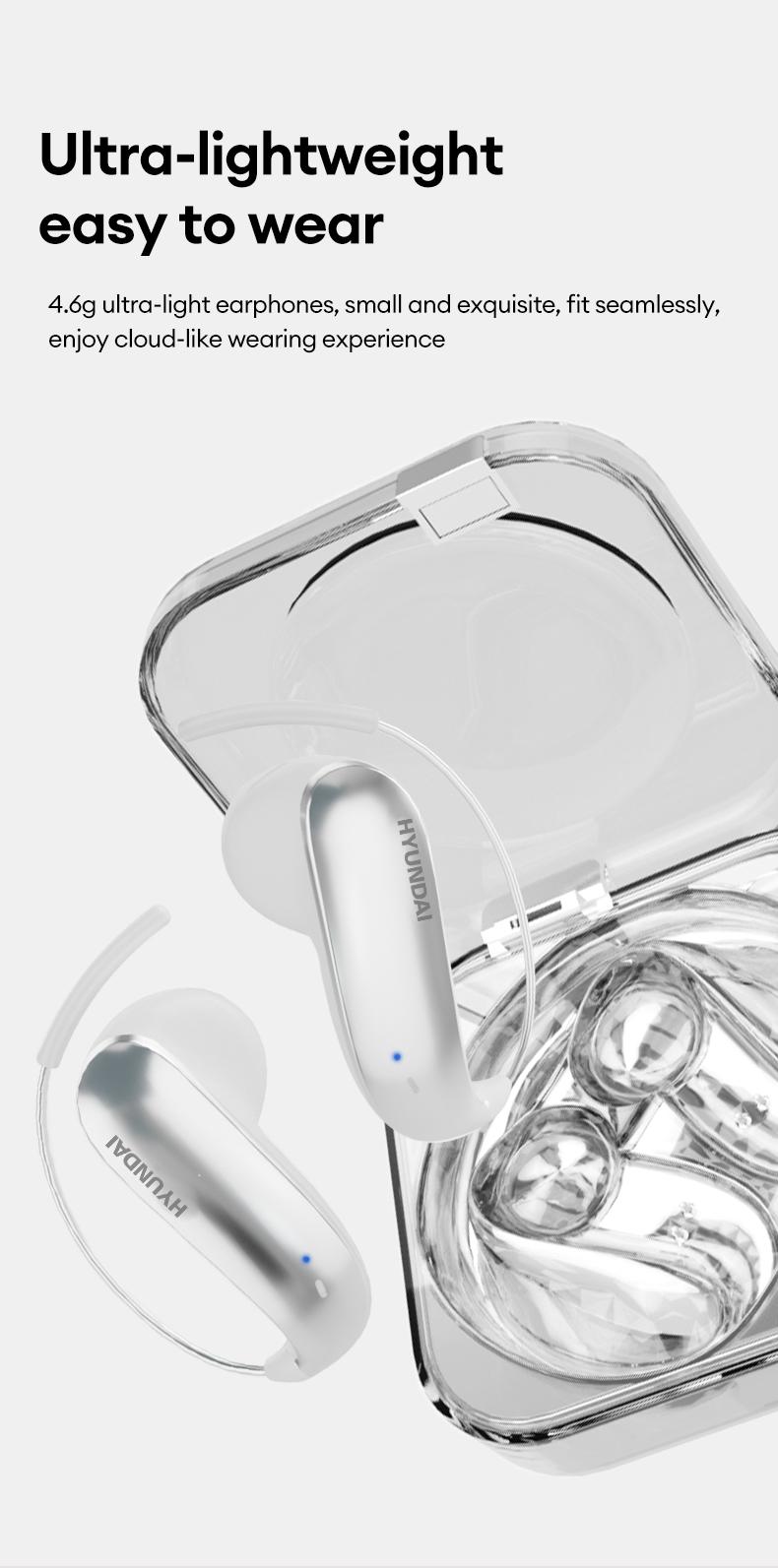 HYUNDAI D78 Earhook Bluetooth Earphone, with a new lightweight and micro in ear titanium alloy ear hook design, paired with a transparent and stylish headphone compartment, is very suitable for fashionable young people, work, leisure, sports use, etc