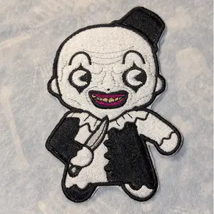 Art The Clown Chibi Embroidered Patch - Character Design with Black and White Color Scheme, Featuring Smiling Face and Black Hat