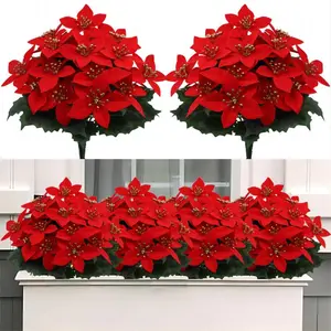 2 /4 Artificial Christmas Flower Clusters, Decorative Flowers Ornaments, Contains 7 Flowers - Realistic Red and Green Artificial Christmas Flower Plants with Flower Hearts and Leaves, Durable Plastic Material, Suitable for Indoor/Outdoor Decoration