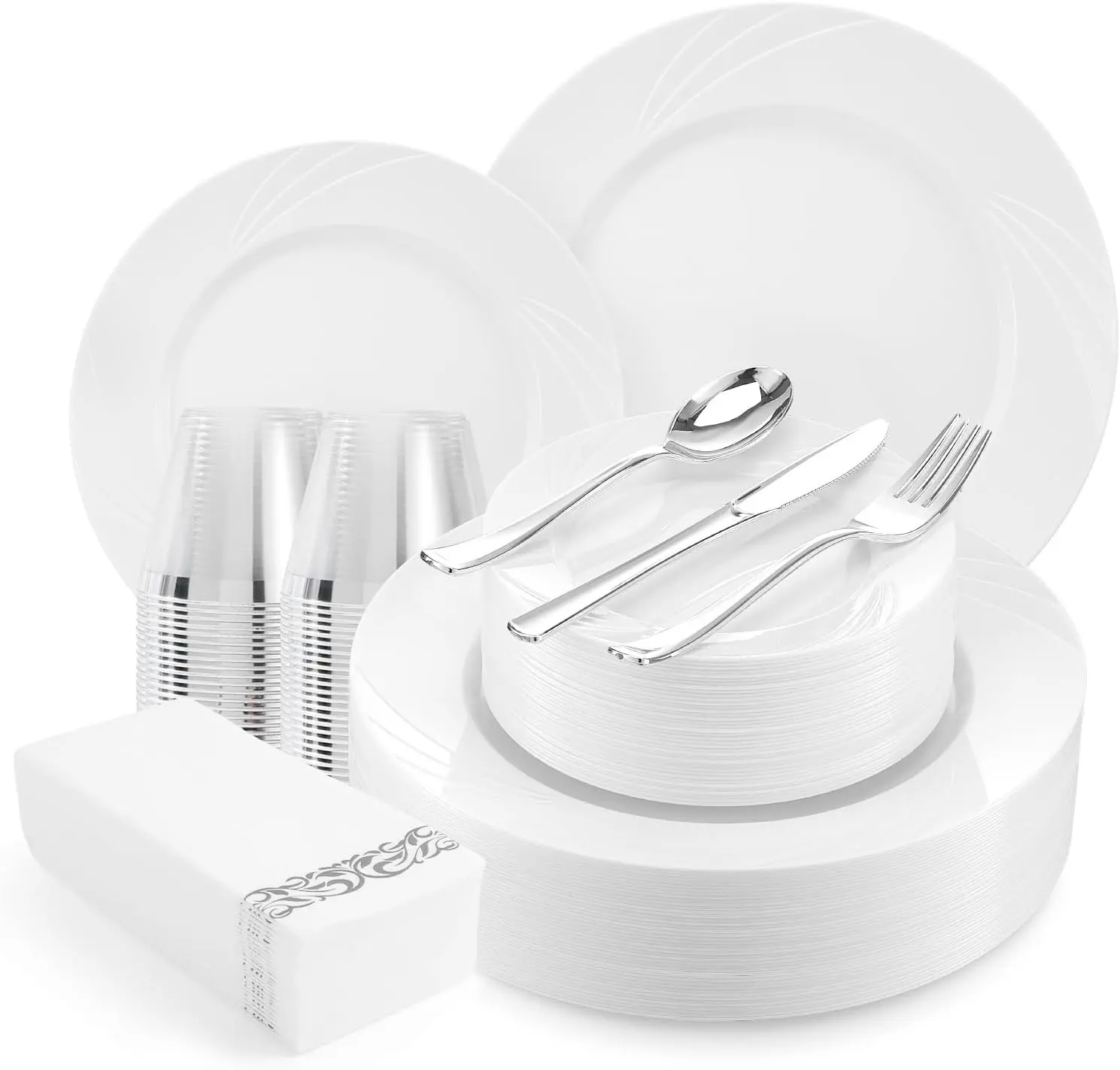 350-Piece White Swirls Plastic Dinnerware Set for 50 Guests, Elegant Disposable Dinnerware for Party, Wedding. Includes 10.25" Dinner Plates, 6.5" Dessert Plates, Silverware, Napkins, Cups