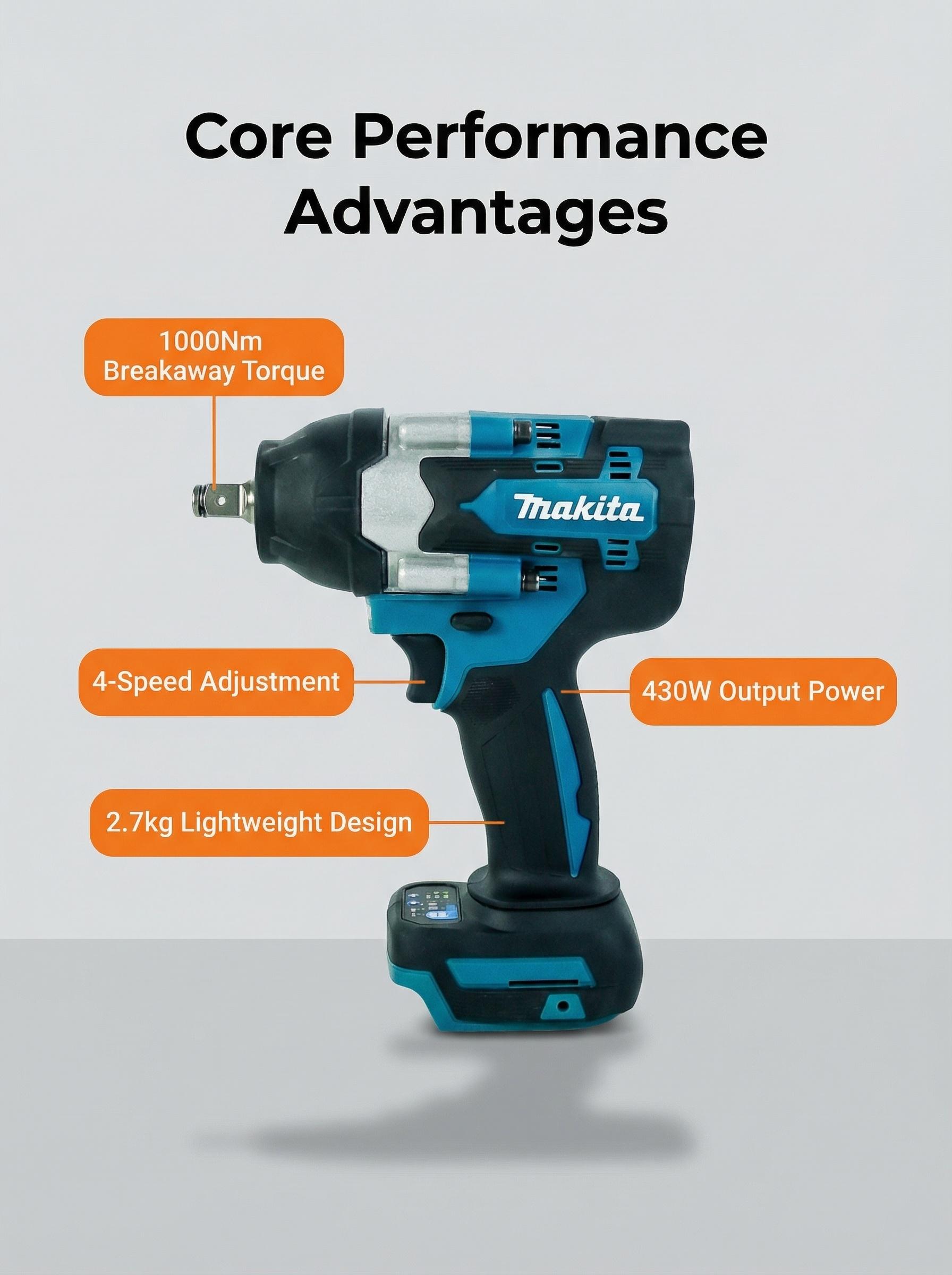 Makita 700 1/2 In Impact Wrench High Torque 1000 Nm Breakaway for Construction and Equipment Assembly Use