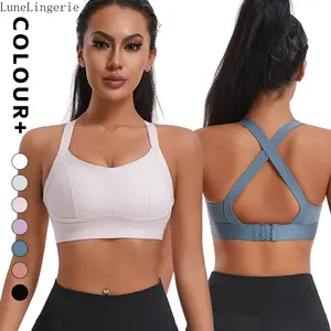 LuneLingerie Women's High Impact Cross Back Sports Bra with Adjustable Hook-and-Eye Closure Fixed Cup Support Wide Band for Running Gym Yoga 7 Colors Available,summervibes