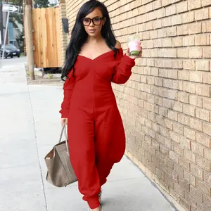 Women's Fall Winter Casual Fitted V Neck Long Sleeve Jumpsuit, Plain Pattern, Moderate Fabric Thickness, Perfect for Daily Wear