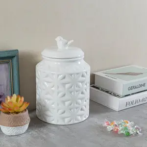 6 Inch Round White Ceramic Cookie Jar with Airtight Lid and Bird Shape Top Handle