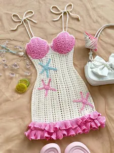 Summer Beach Crochet Dress For Women, Hollow Out Knitted Mini Dress With Starfish Embroidery, Pink Ruffle Hem Spaghetti Strap Tie Back Cover Up, Y2K Coquette Aesthetic Outfit For Vacation Pool Party And Holiday