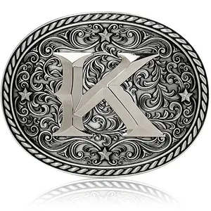 Western Cowboy/Cowgirl Initial Belt Buckle - Silver- Large, Letter Buckles For Men And Women K