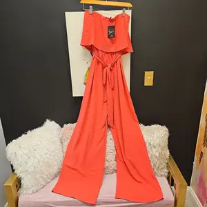 Salmon Sleeveless Jumpsuit Womenswear Belt Polyester Elastic