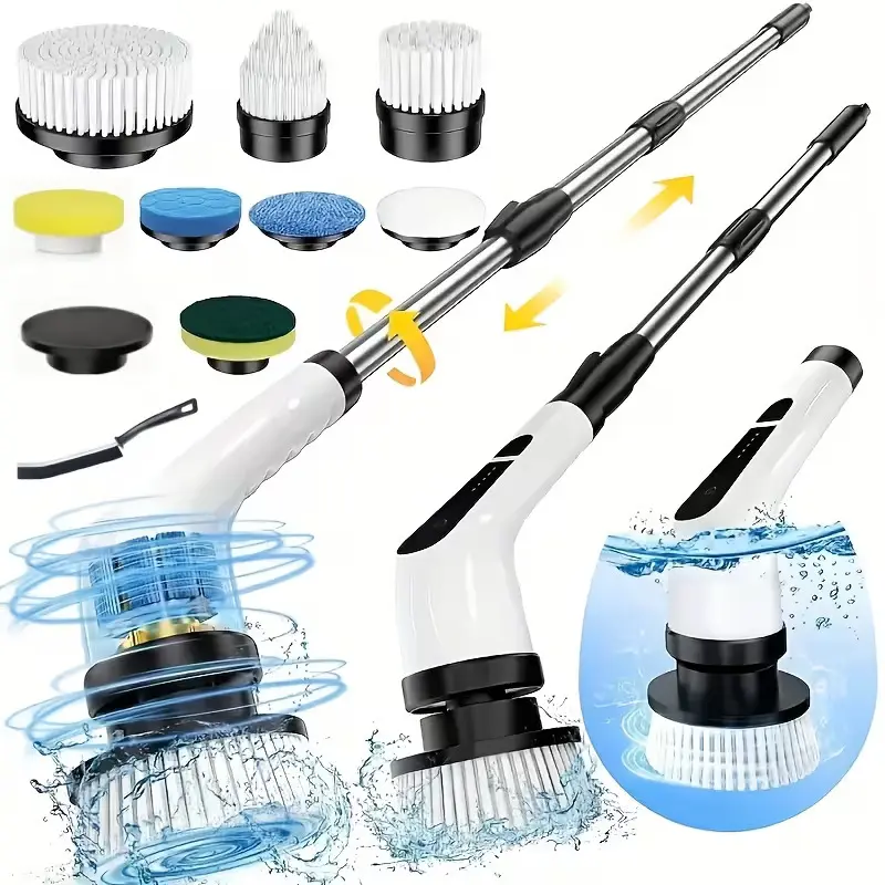 9 in 1 Electric Spin Scrubber, USB Rechargeable, 2 Speeds, Detachable Telescopic Handle, 8 Brush Heads + 1 Gap Brush for Bathroom, Bathtub, Shower, Floors & Cars, Halloween Cleanup & Christmas Gift