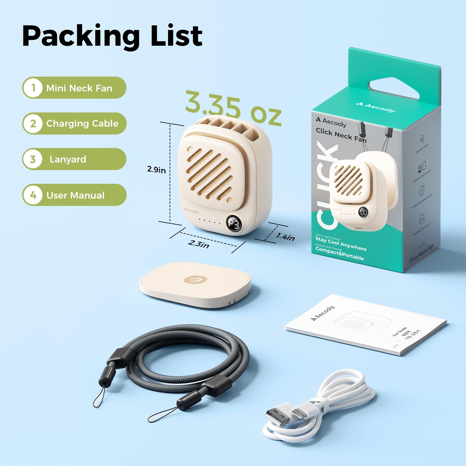 Aecooly Click 01 Portable Mini Neck Fan 95g Ultra-Light & Magnetic Clip,10H Battery Life, 3-Speed Silent Wind, Tangle-Free Design-100% Authentic Summer Essential