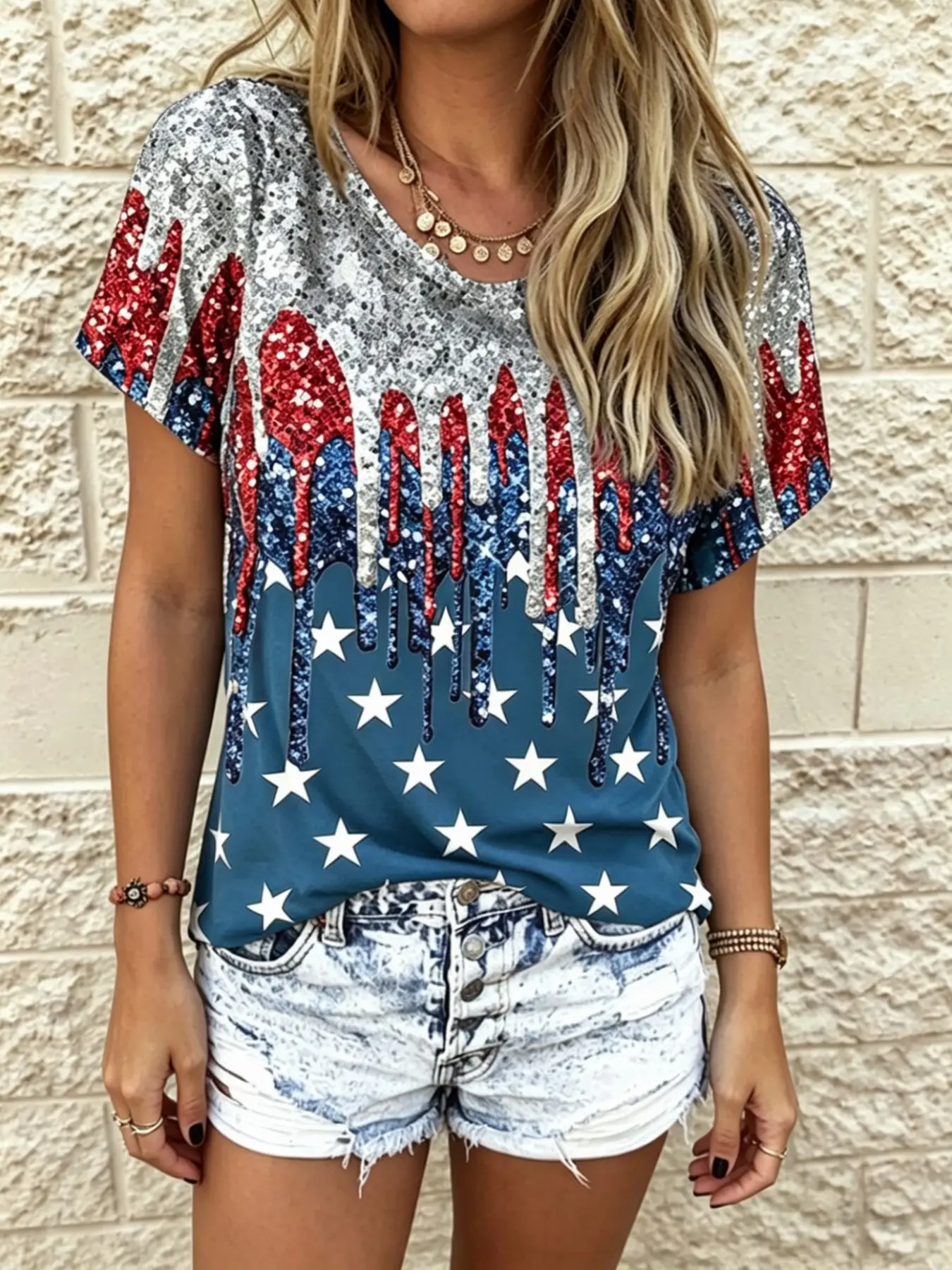 Blue Star Sequin Print Short Sleeve Womenswear T-Shirt, American Retro Casual Holiday Style, Breathable Comfort Loose V-Neck Top, Casual Comfy Tee, Summer Independence Day Party
