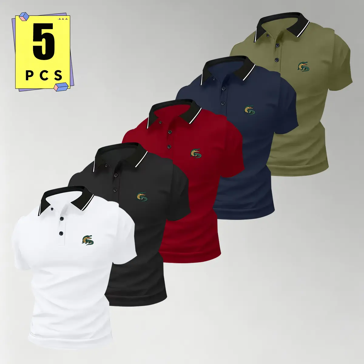 5-pack men’s casual polo shirts, solid-color turn-down collar polo shirts, golf shirts suitable for home, office, leisure, and everyday outings; a great gift for men.