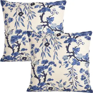 ChezMax Chinoiserie Pillowcase Set of 2, Blue and White Decorative Floral Cushion Covers, Square Linen-Cotton Pillowcases Suitable for Sofa, Chair, Bed, Living Room Home Decoration