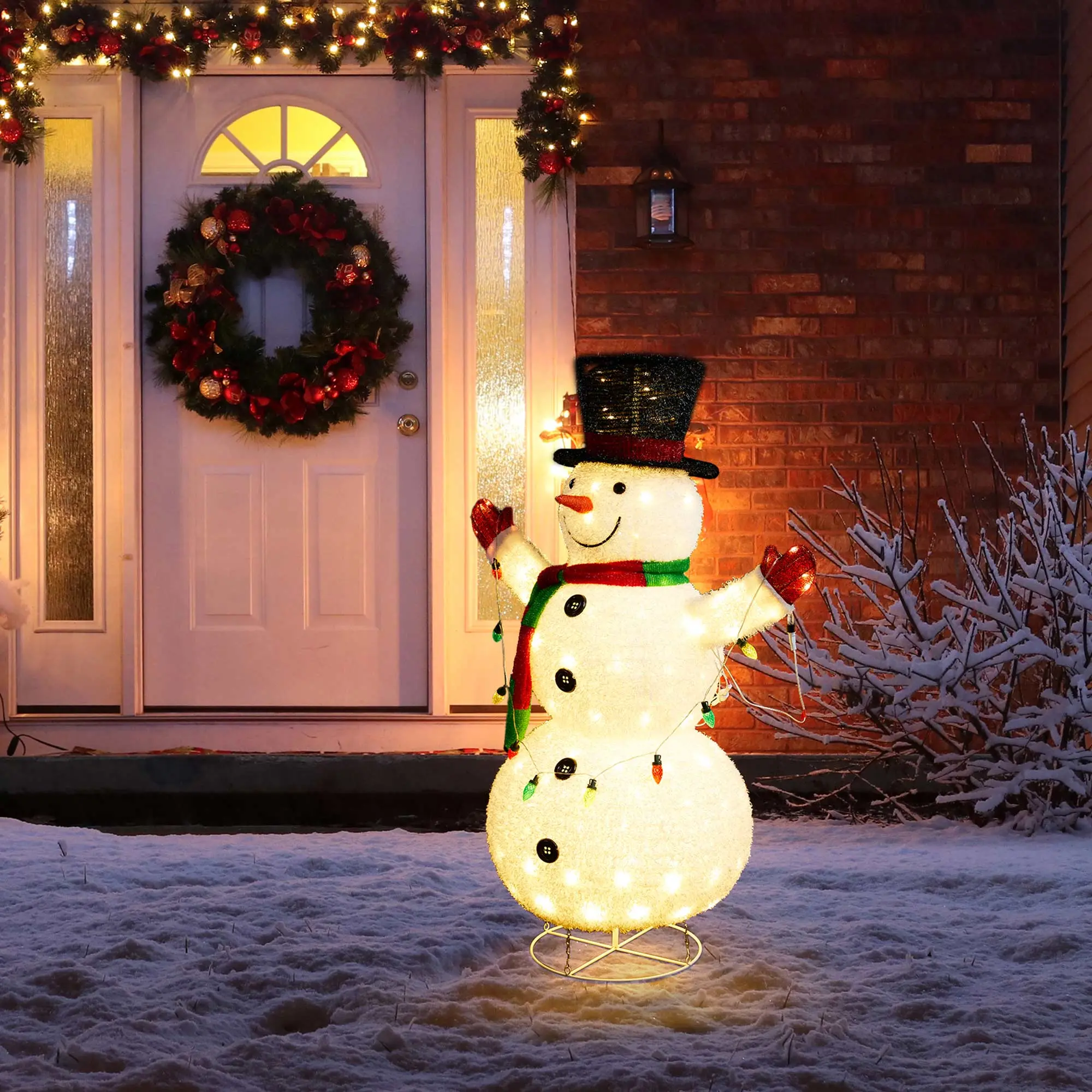 Glitzhome 47.25"H Modern Lighted 3D Foldable Fabric Snowman Outdoor Holiday Decoration with Colorful Bulbs, 160 Warm White LED Lights (KD) - Glowing & Colorful Light-Up Outdoor Holiday Decorations
