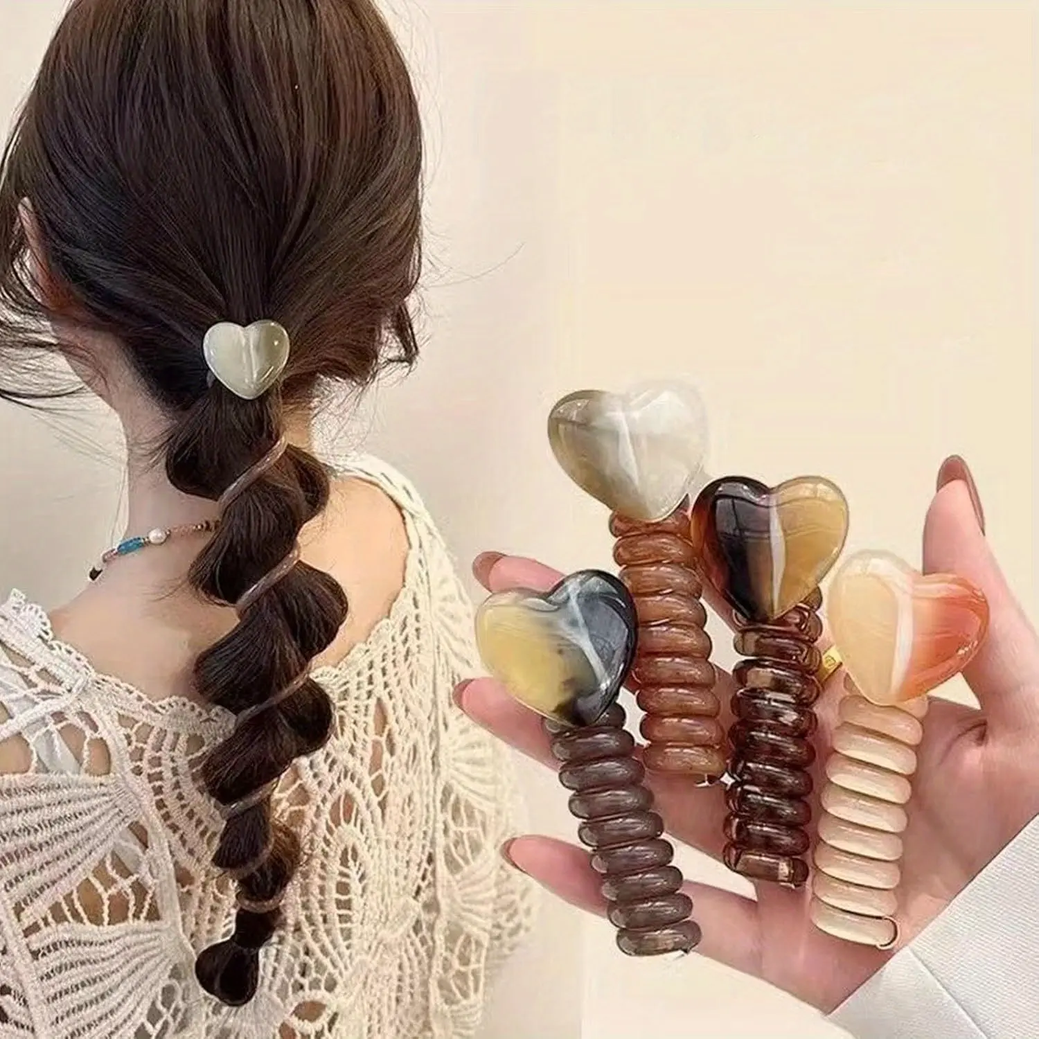 Heart Design Telephone Cord Hair Ties Ponytail Elastic Hair Bands Rubber Ties Bundle Scrunchies Telephone Wire Accessories Women