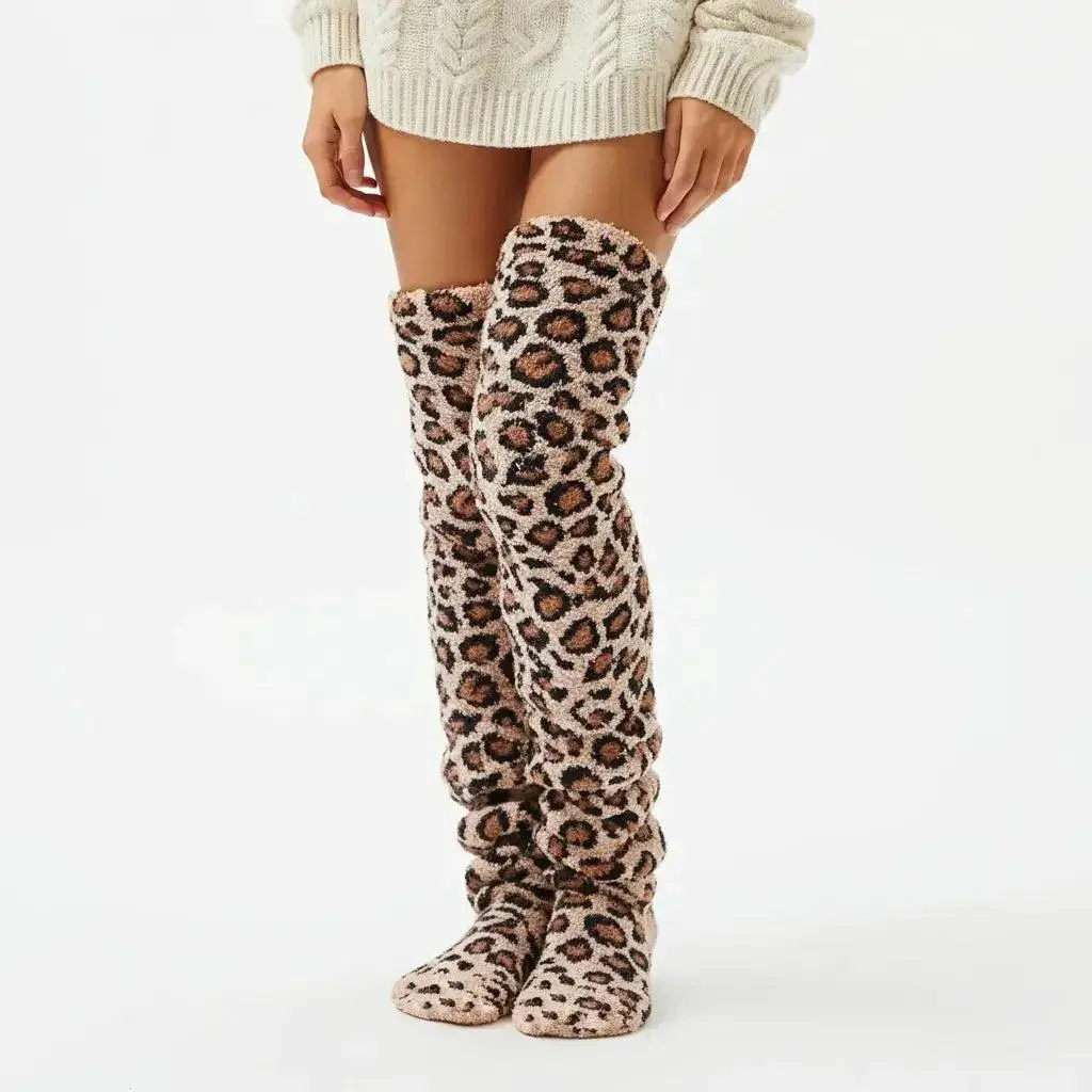 TeddyPaws™ Limited Edition Womenswear Luxe Leopard Print Over-Knee Socks - Plush Fuzzy Knit, Non-Slip Sole, Soft Grip Top, All Seasons Cozy Comfy Warmth