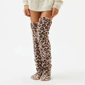 TeddyPaws™ Limited Edition Womenswear Luxe Leopard Print Over-Knee Socks - Plush Fuzzy Knit, Non-Slip Sole, Soft Grip Top, All Seasons Cozy Comfy Warmth