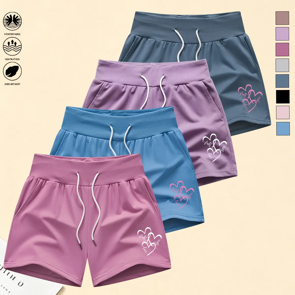 Pack of 4 women’s casual shorts featuring an elastic waistband with drawstring adjustment; soft, breathable fabric suitable for beach vacations, gym workouts, and home wear. Summer shorts with a summery vibe.