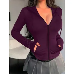 2025 Women's Solid Color Hooded Long Sleeve Sports Jacket with Zipper and Pockets, Casual Athletic Hoodie, Active Wear Style Fall & WinterHOT