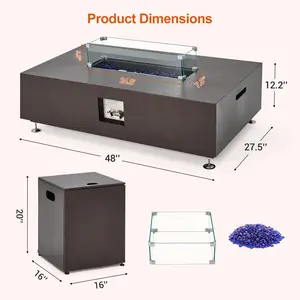 Garvee 48 inch Propane Fire Pit Table, 50,000 BTU Outdoor Patio Heater with 16 in Side Table, Blue Fire Glass, Wind Guard & Rain Cover, Steel Firepit for Deck, Garden, Backyard, Brown