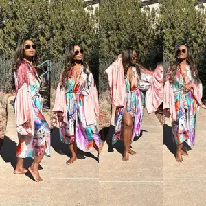 Fiji Satin Open Front Kimono Long Kimono with matching scarf - Blush Pink and Aqua Blend