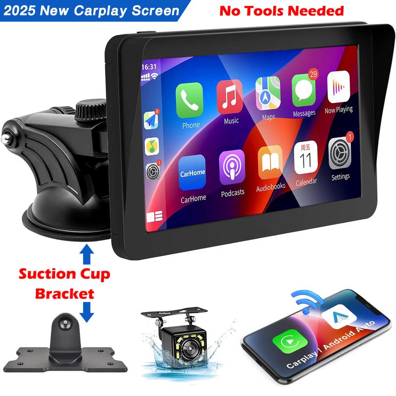 Portable Wireless Apple Carplay & Android Auto Car Stereo with Voice Control,7 Inch Touch Screen Double Din Stereo with Bluetooth, Multimedia Player, Car Audio with Mirror Link/AUX/FM