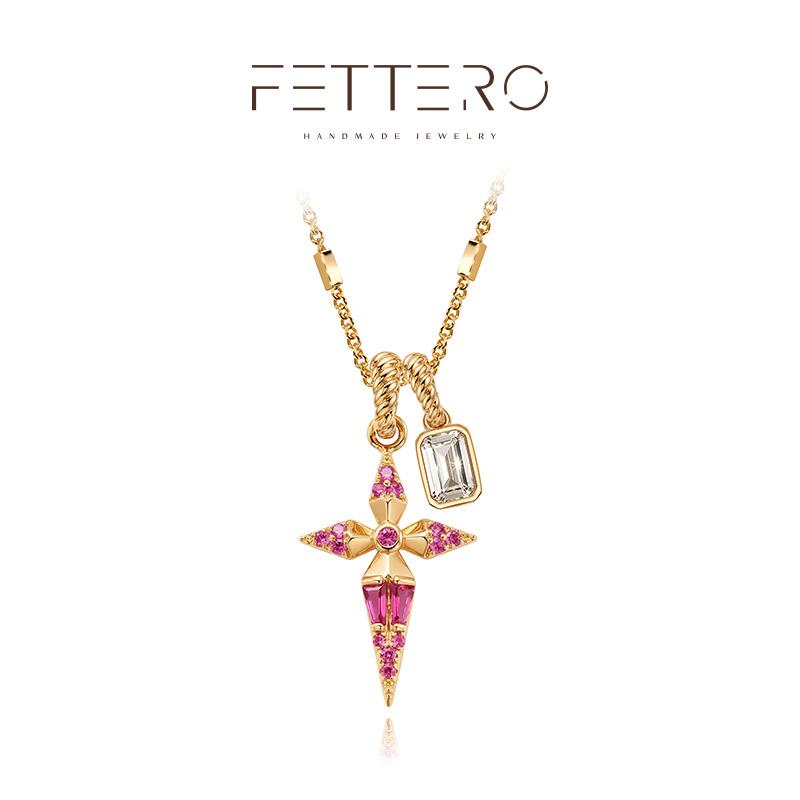 FetteroGold Plated Cross Necklace with Pink Sapphire and Crystal Charms - Twisted Rope Chain Pendant Necklace for Women FetteroGold Plated Cross Necklace with Pink Sapphire and Crystal Charms - Twisted Rope Chain Pendant Necklace for Women