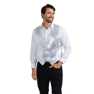 Silver Sequin Vest Costume For Adults - Fancy Sparkly Sleeveless Vest with Adjustable Buckle - For Halloween, Theme Party & Dance Party - Menswear