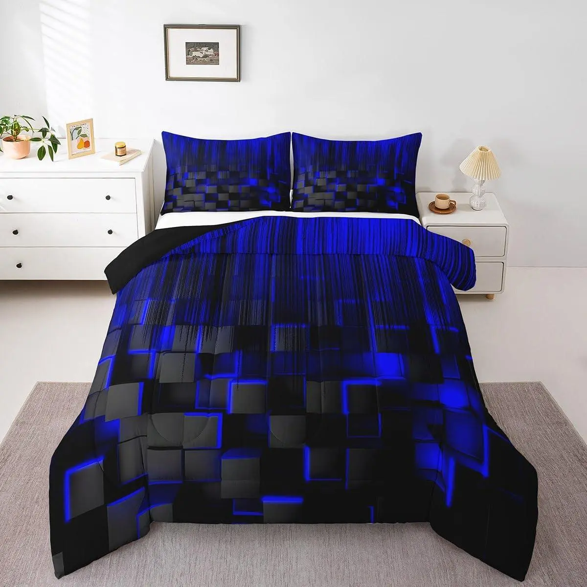 Blue and Black Comforter Set Comforter Honeycomb Bedding Set Strip Lines Duvet Set Room Decor Quilt Set