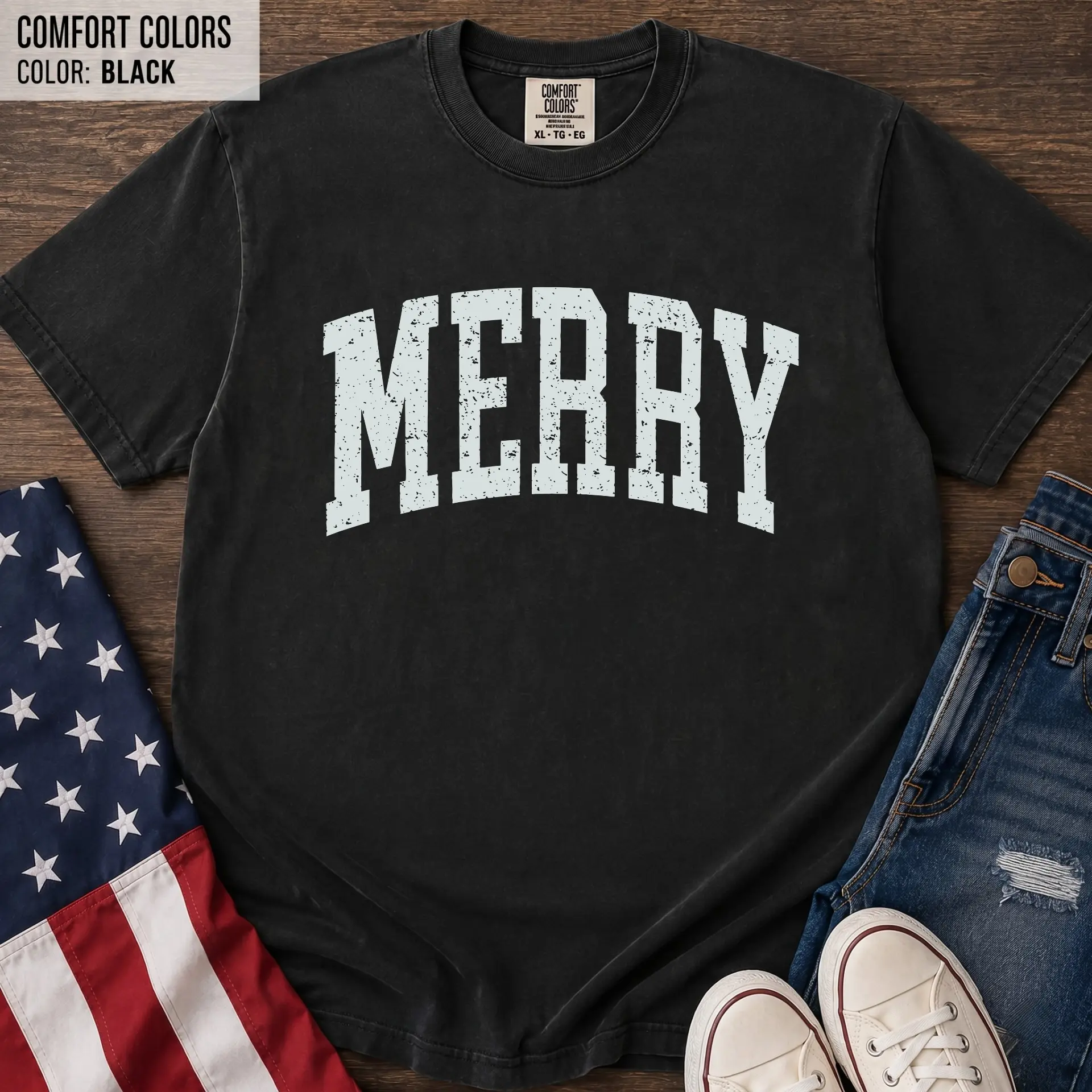 Comfort Colors Retro Merry Shirt, Preppy Varsity Lettering Christmas T-Shirt, Vintage College Style Merry Holiday Graphic Tee, Christmas Gift - Century Cotton Co.