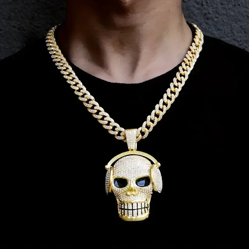 MaxBling81 Gold Plated Customizable Skull Charm Pendant Necklace, 13mm Large Headphone Charm, 20in Iced Chain Link Necklace, Unisex Hip Hop Costume Jewelry for Music Lovers, Chain Link Necklaces