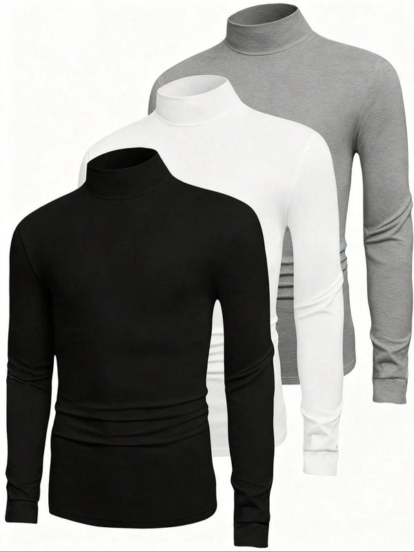 3 Pcs Men's Solid High Neck Long Sleeve Casual T-Shirt, Mens Spring&Fall Base Shirt, Men Turtleneck, Mock Neck Men, Casual Tops Men