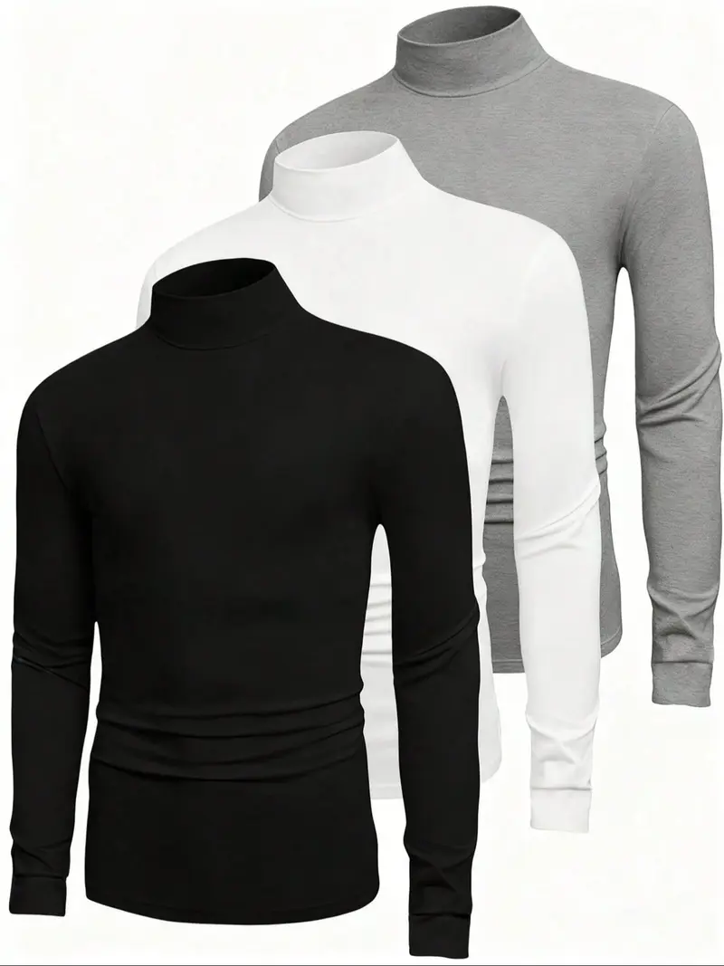 3 Pcs Men's Solid High Neck Long Sleeve Casual T-Shirt, Mens Spring&Fall Base Shirt, Men Turtleneck, Mock Neck Men, Casual Tops Men