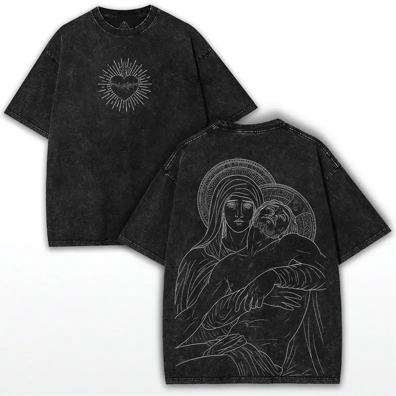 valentine shirts Virgin Mary Oversized Tee: Washed Black Sacred Heart & Pietà Print