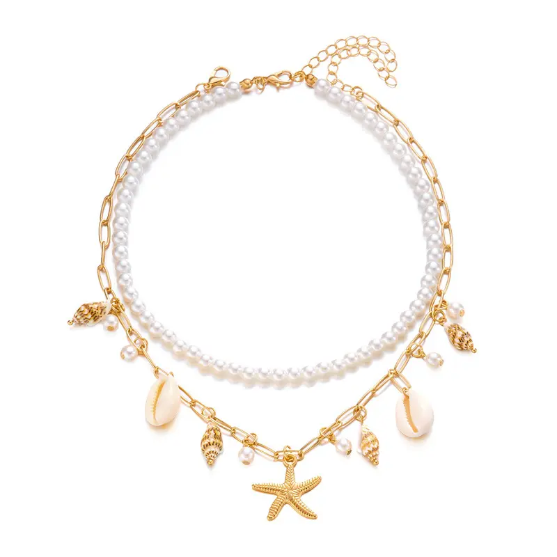 Women's New Multi-Layered Handmade Copper Jewelry Set - Girly, Seashell, Shell-Embellished, Star Design, Tropical Necklaces with Silver Versatile Pendant, Gold-Plated Initials, Conch, Earring, Bracelet, Wedding Ring, Jade Accents for Beach Vacation, Girly