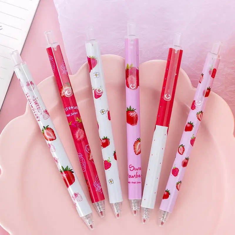 Cute Strawberry Pattern Retractable Gel Pen, 6pcs Back To School Black Refill Quick-drying writing Pen for Students, School Office Stationery supplies