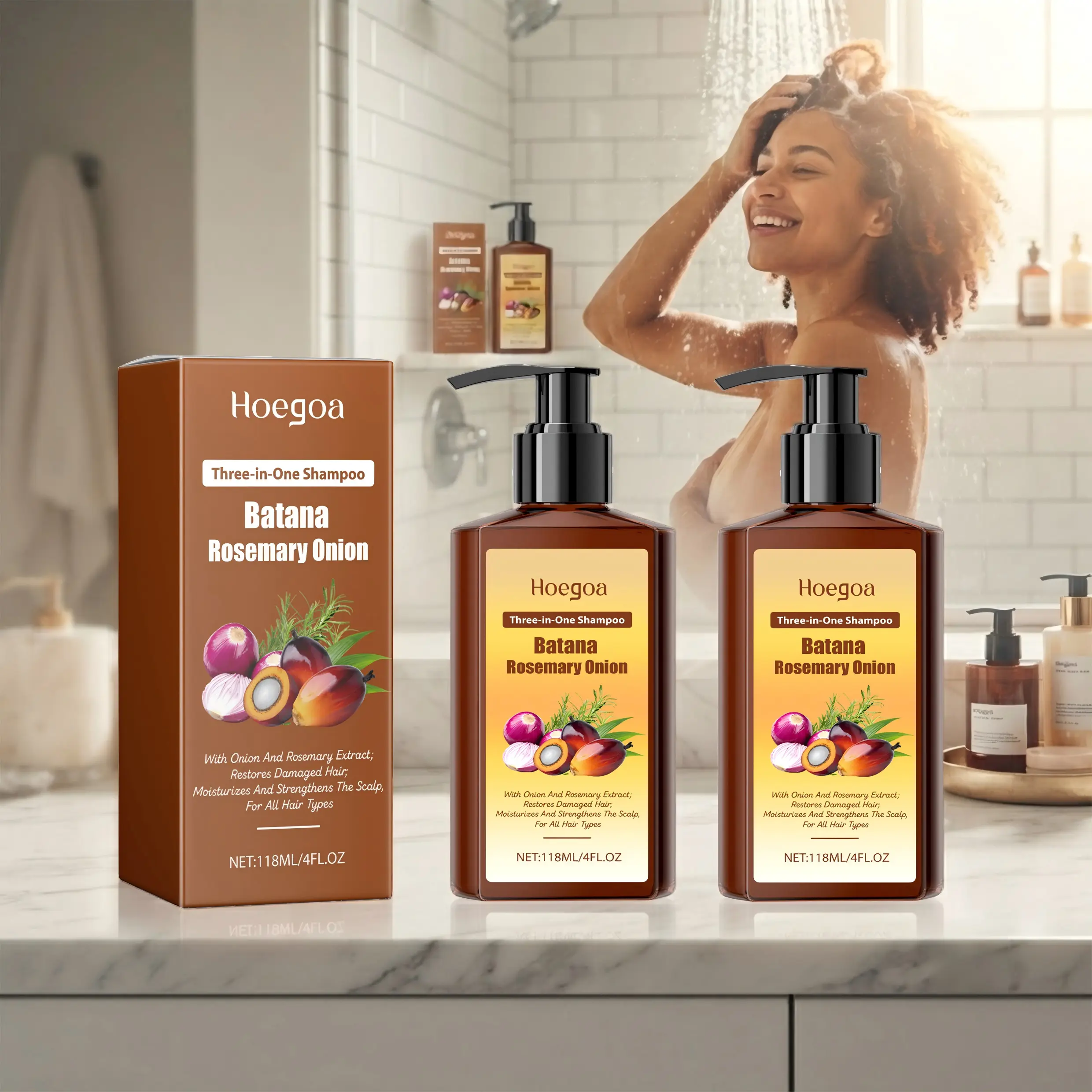 Hoegoa 2 Pack Batana Rosemary Onion 3-in-1 Hair Growth Shampoo, Scalp Revitalizing Herbal Cleanser with Rosemary & Onion Extract, Nourishes Damaged Hair Boosts Shine, Natural Formula for All Hair Types