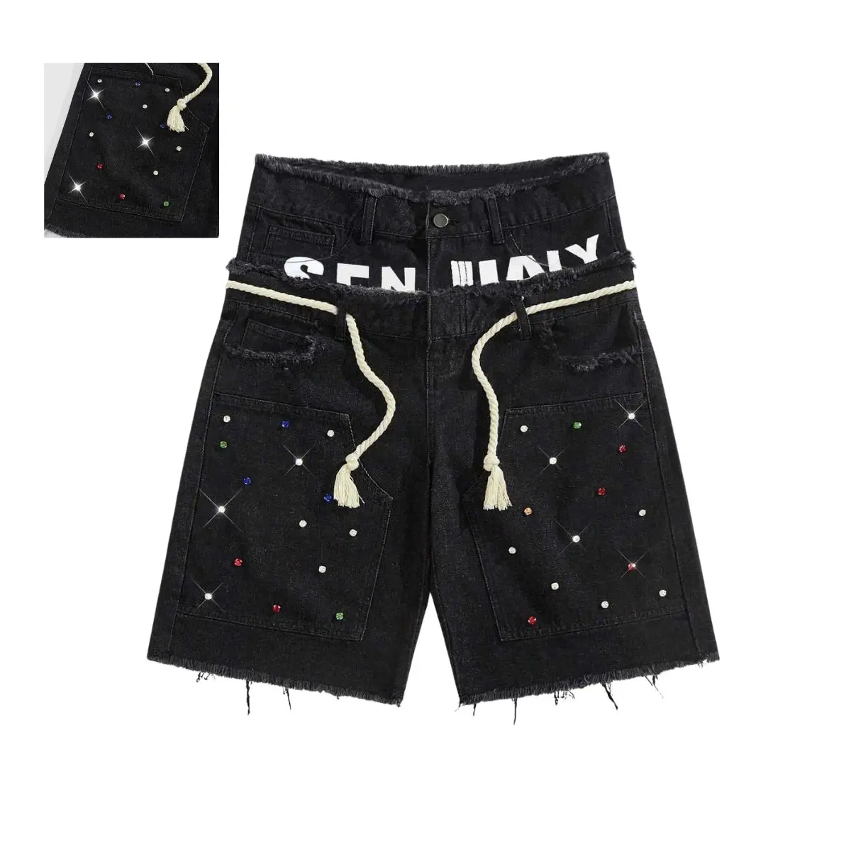 Men's Oversized Black Denim Shorts, Distressed Above The Knee Street Style Jorts with Rhinestones, Drawstring Waist & Large Pockets