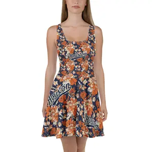 610 Chic - Women's Sleeveless Skater Dress - Navy & Orange Floral Print, Elastic Waist, Flared Skirt, Casual Day Wear, Houston Spirit