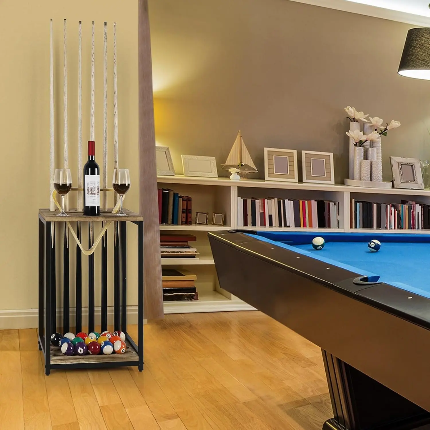 Wood Billiard Cue Rack, Light Brown Floor Stand Pool Stick Holder, Holds 6 Cues, for Billiard Room & Game Room, Pool Table Accessory
