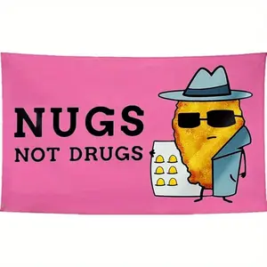 Funny Cartoon Flag Pink Polyester Funny "Nugs Not Drugs" Cartoon Flag |         Double-line Stitched Durable Wall Hanging Decoration for Bedroom and Indoor Space, Humorous Decoration |         Playful Design 60X 40inch Tapestry