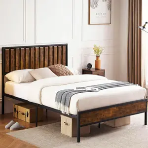 【GARVEE】Full Size Wooden Platform Bed Frame with Headboard, Heavy Duty Slats for Strong Support, Noise-Free Mattress Foundation, No Box Spring Needed, Rustic Brown Finish, Durable and Stylish Full Bed Frame