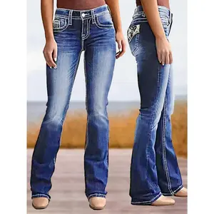 Women's elastic boot leg jeans - Elegant low waisted flared denim with whiskey details, comfortable and fashionable, suitable for casual wear | Modern tight jeans | Adhesive blend jeans button up women's clothing
