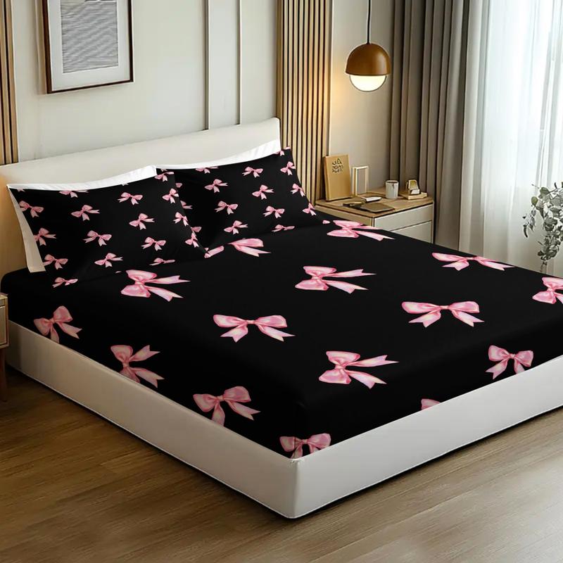 3-piece Bedding Set Features A Black Background With Pink Bow Print, A Fitted Sheet, And Two Unfilled Pillowcases. The Sweet And Cool Color-blocked Style Creates A Unique And Girly Bedroom Décor, Making It A Perfect Gift Choice. Bed Sheet Sets