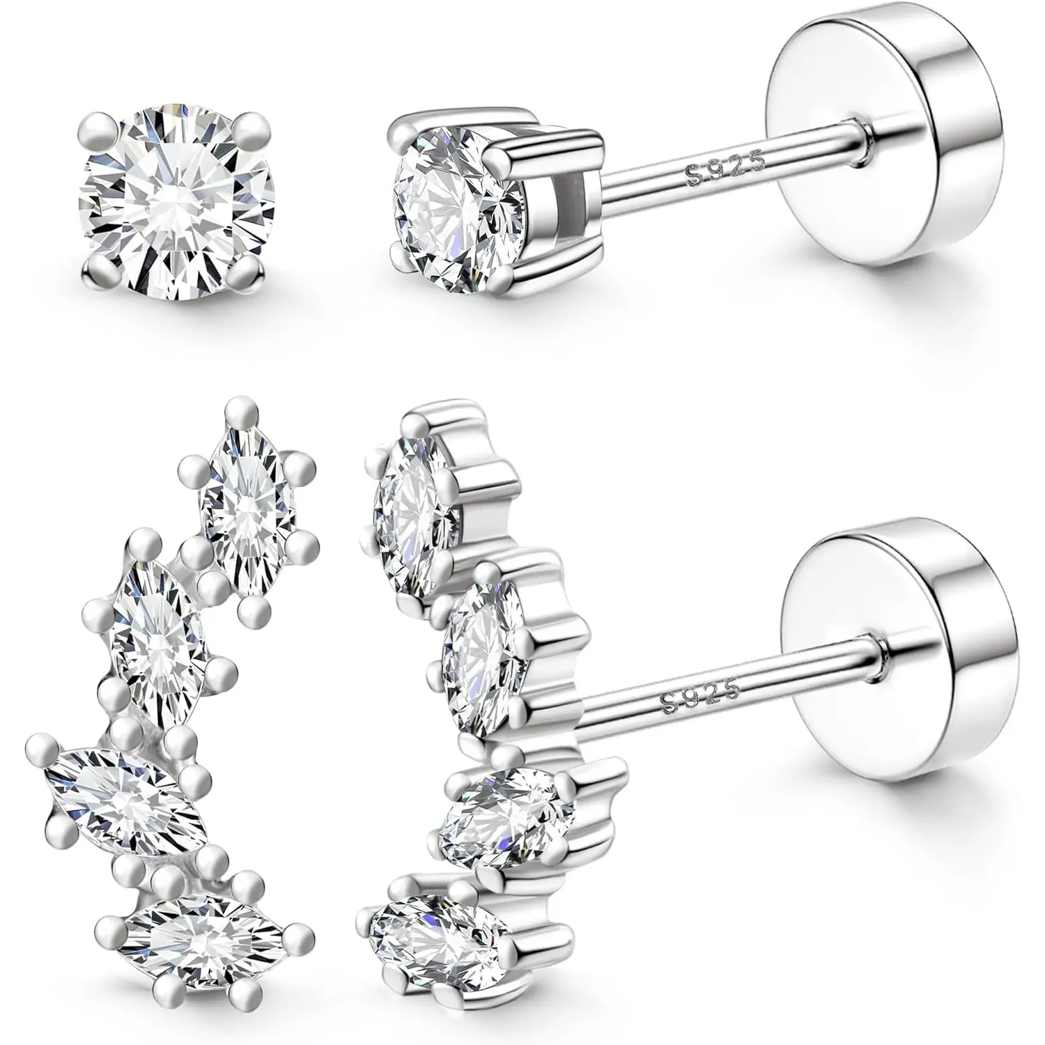 MILACOLATO Women's 2 Pairs 925 Sterling Silver Dainty CZ Flat Back Ear Studs - Cartilage, Helix, Tragus Jewelry for Multiple Piercings, Flat Pierced Earring, Helix Piercing Earrings, Cubic Zirconia Earrings