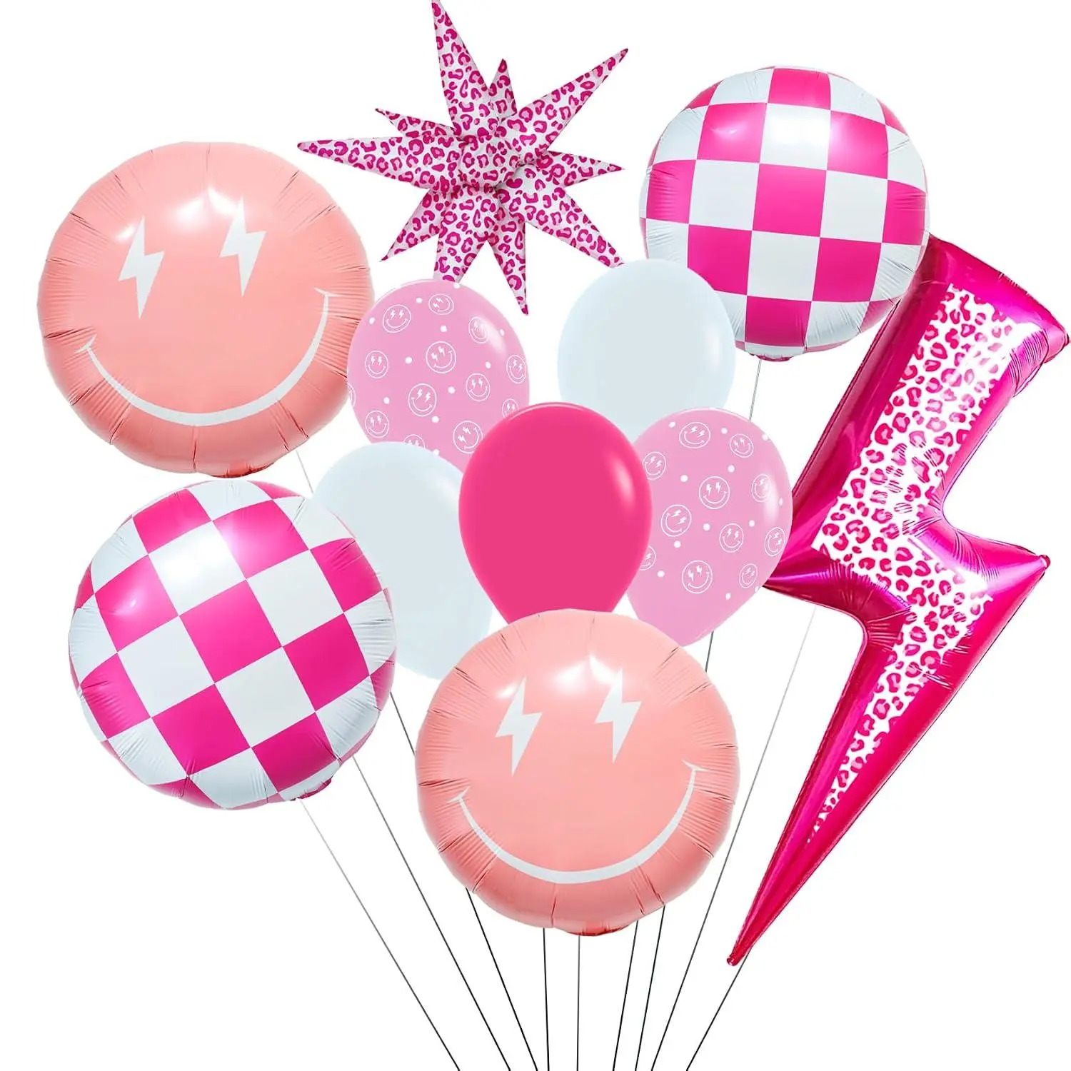 Pink Lighting Smile Face Balloons/Pink Leopard Lighting Bolt,Checkered Balloons For Happy Dude Birthday/Preppy Y2K Party Decoration,Little Miss Threenager Girl Party,Bad Two The Bone Girl Decor