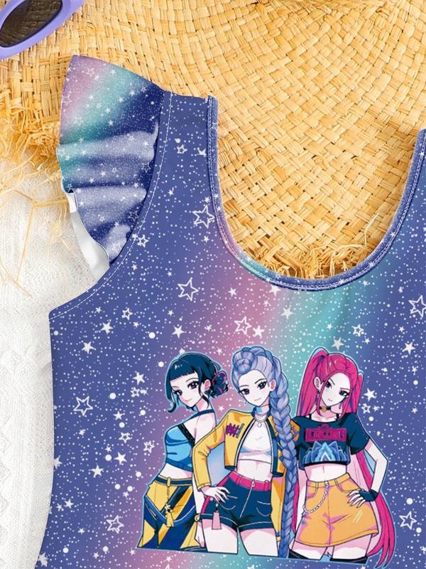 K-Pop Hunter Swimwear, Kpop Demon Hunters Beach Sweetheart Exclusive Swimsuit, Starry Gradient & Girl Group Print, Ruffle Trim Swimsuit, Fashionable Halter Two-Piece Bikini K-Pop Hunter Swimwear, Kpop Demon Hunters Beach Sweetheart Exclusive Swimsuit, Starry Gradient & Girl Group Print, Ruffle Trim Swimsuit, Fashionable Halter Two-Piece Bikini