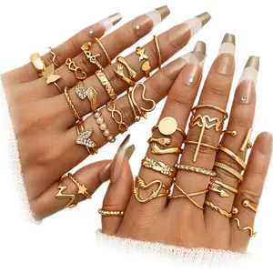 Women's 19-36 Pcs Gold Boho Knuckle Rings Set, Vintage Stackable Dainty Joint Jewelry with Love Pearls and Sparkling Crystals, Gold Rings for Women