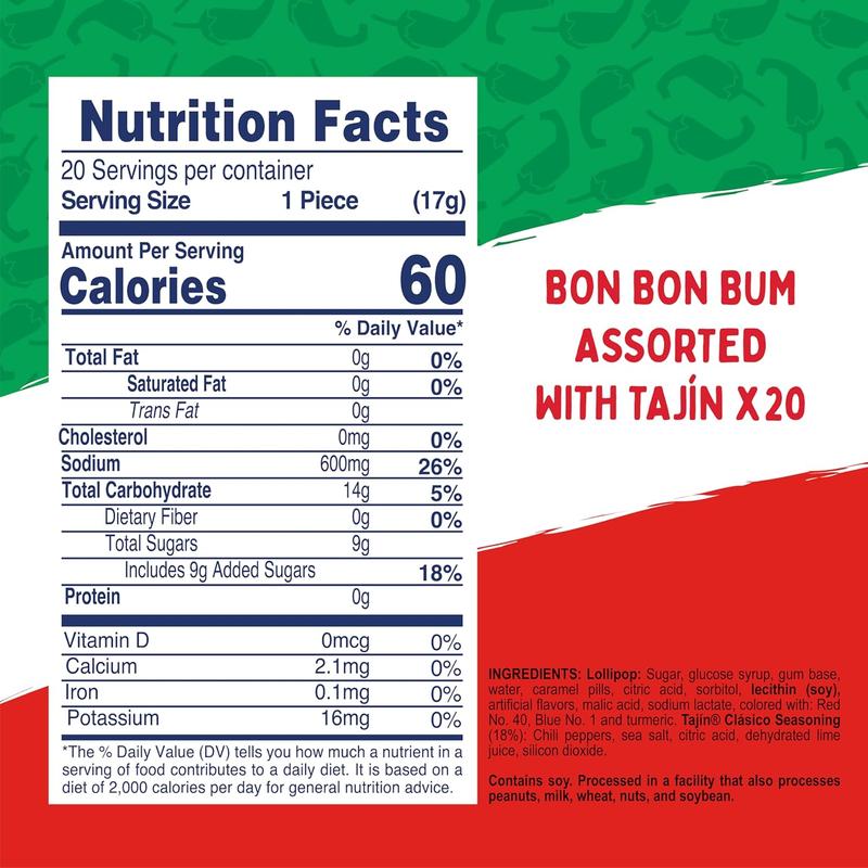 Colombina Bon Bon Bum Tropical Passion Fruit & Watermelon with Tajin Seasoning Chile Lime Dip, 20 Count (Pack of 1)