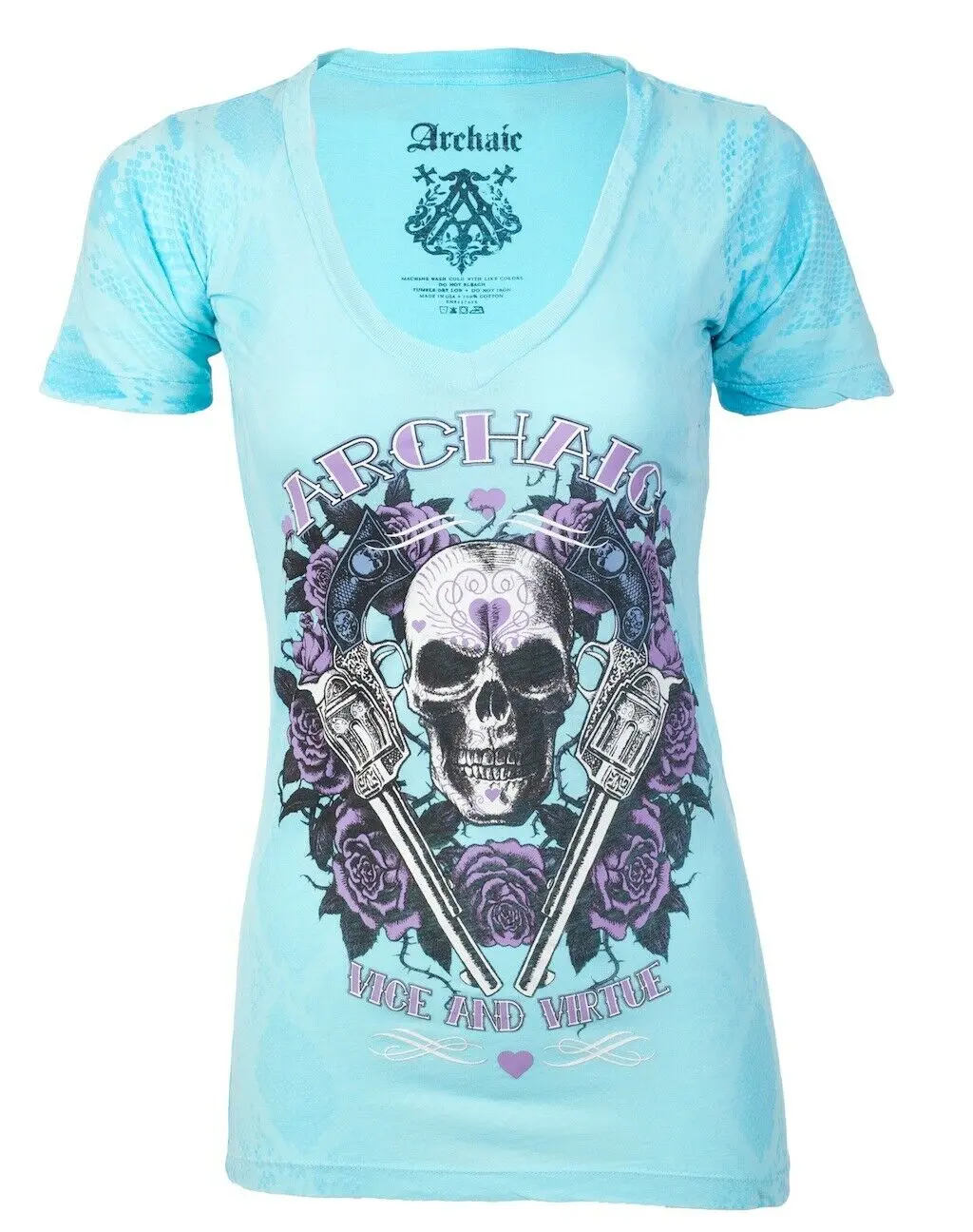 ARCHAIC Women's Printed Queen Lover Graphic T-Shirt, Light Blue V-Neck Slim-Fit 100% Cotton Casual Top, Made in USA, V-Neck Cut, Biker, Fashion, Gothic, M